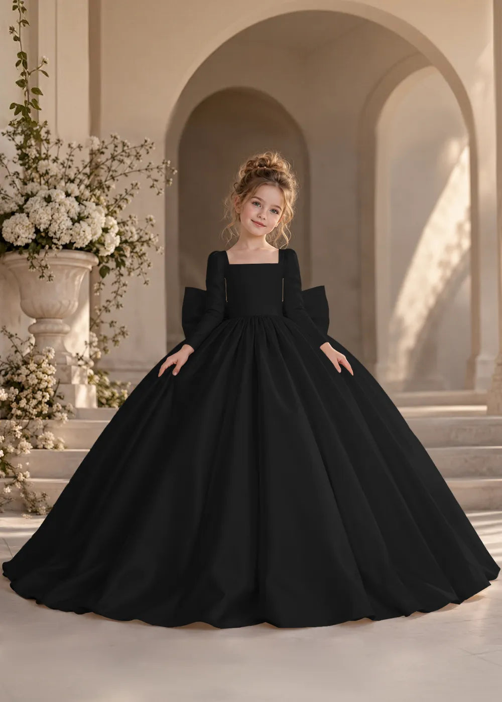 Ivory Long-Sleeve Flower Girl Dress with a Square Neckline and Bow