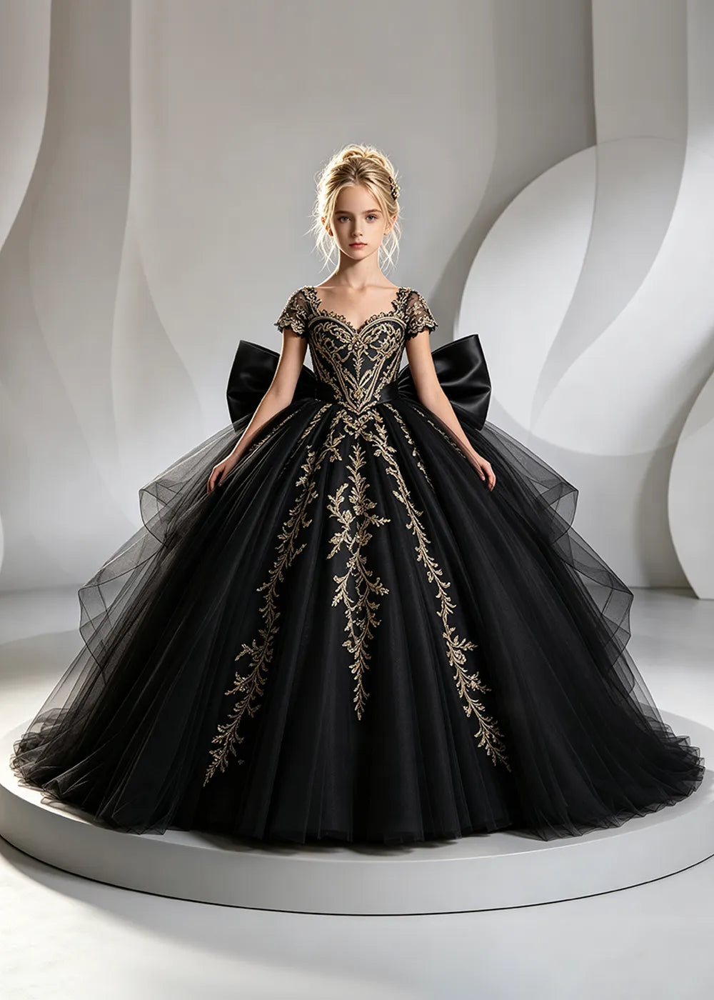 Cap Sleeve Sequin Bodice Flower Girl Dress with Bow and Gold Embroidery