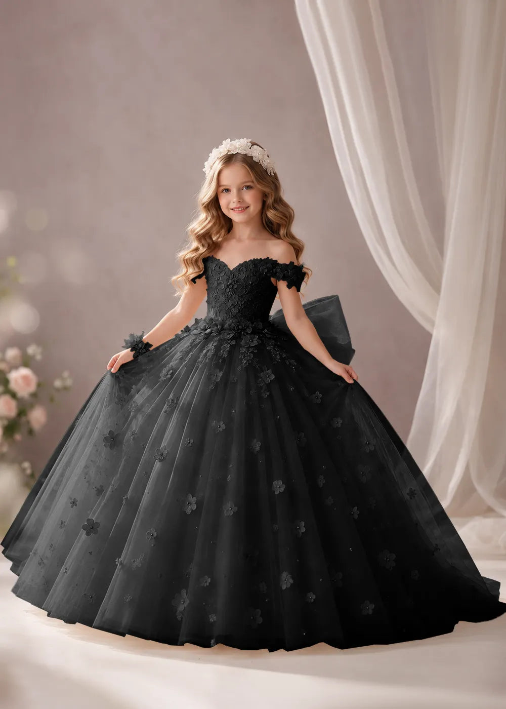 Ivory Flower Girl Dress with Off-Shoulder Florals and a Bow