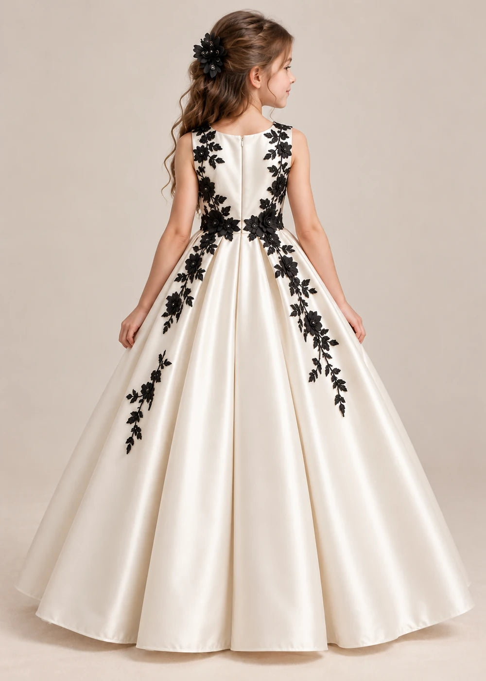Back view of the ivory and black flower girl dress.