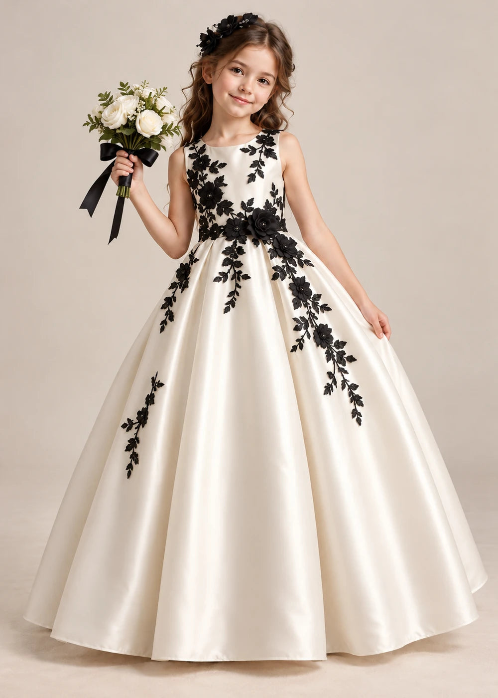 Detail view of the ivory and black flower girl dress.
