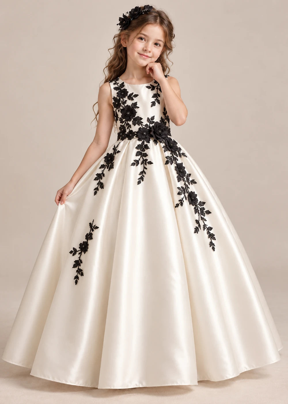 Detail view of the ivory and black flower girl dress.