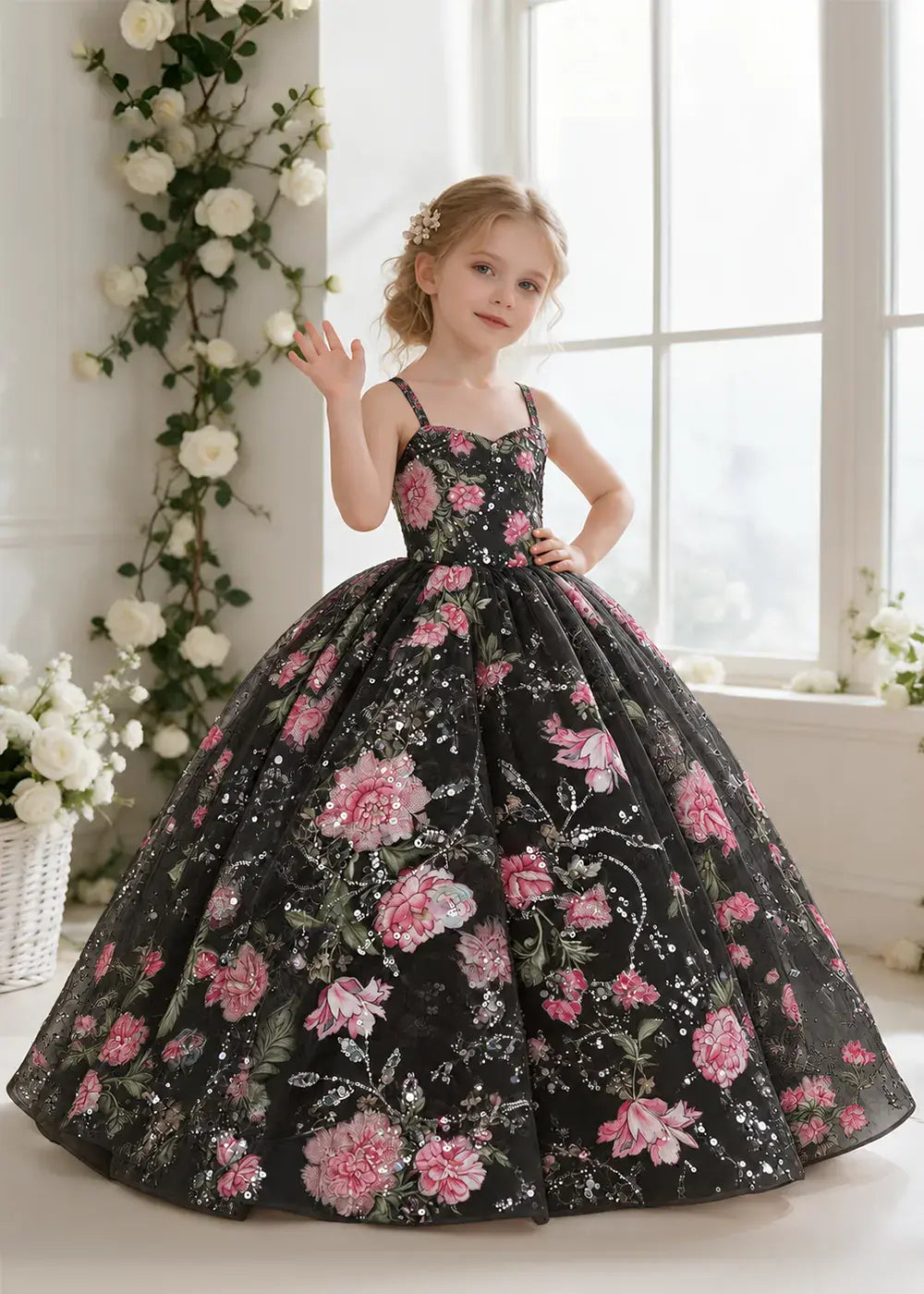 Champagne Floral Sequin Flower Girl Dress with Slim Straps