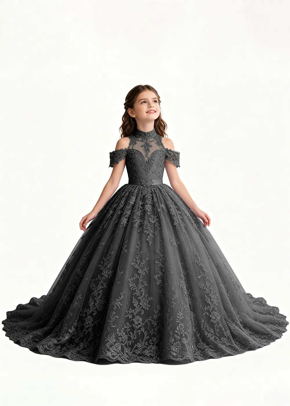 Navy Floral Flower Girl Gown with Open Shoulders