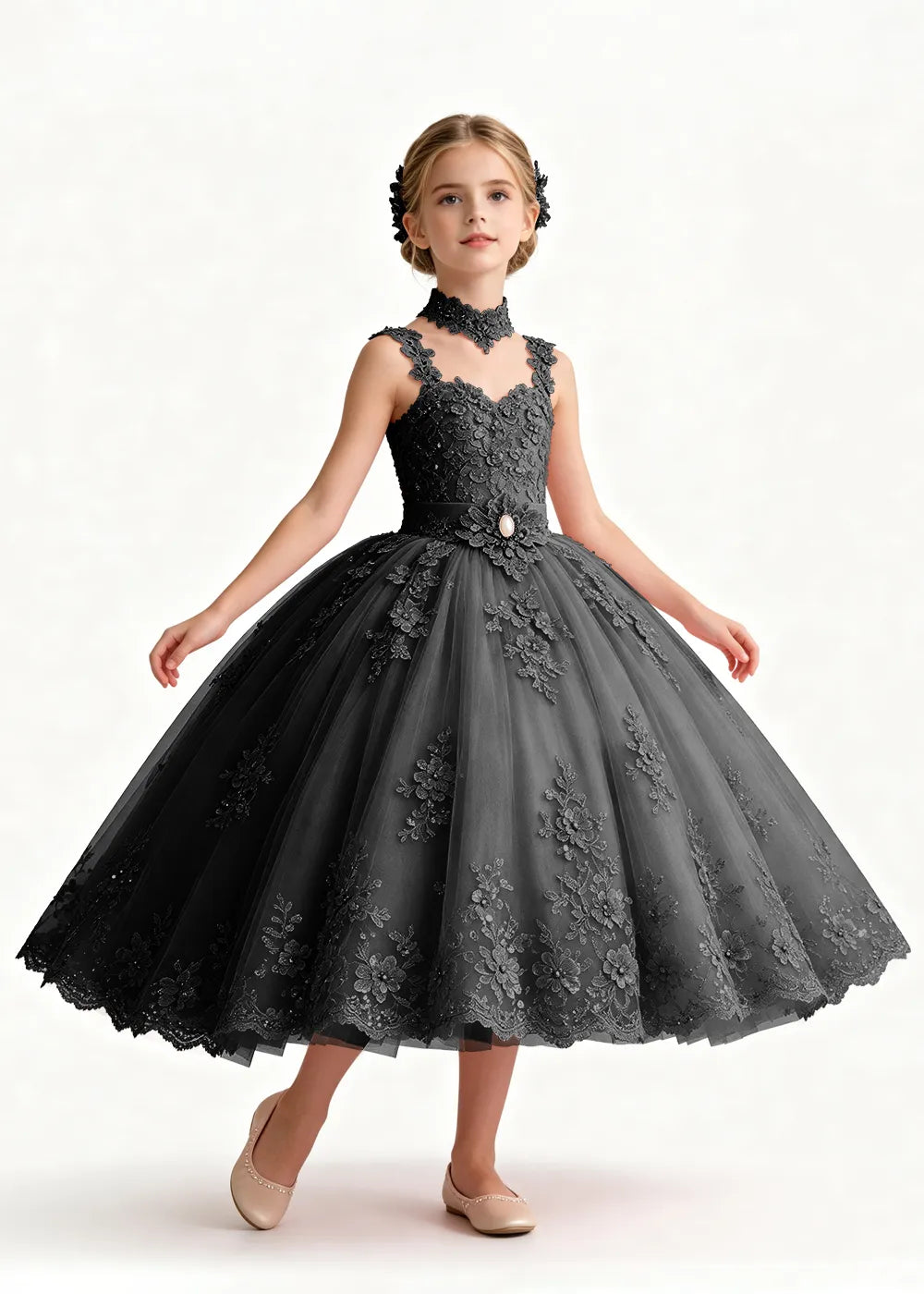 Navy Tea-Length Flower Girl Gown with Floral Neck Band