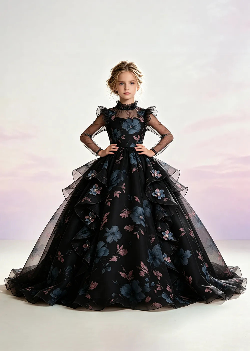 Navy Blue Floral Ruffle-Collar Flower Girl Dress