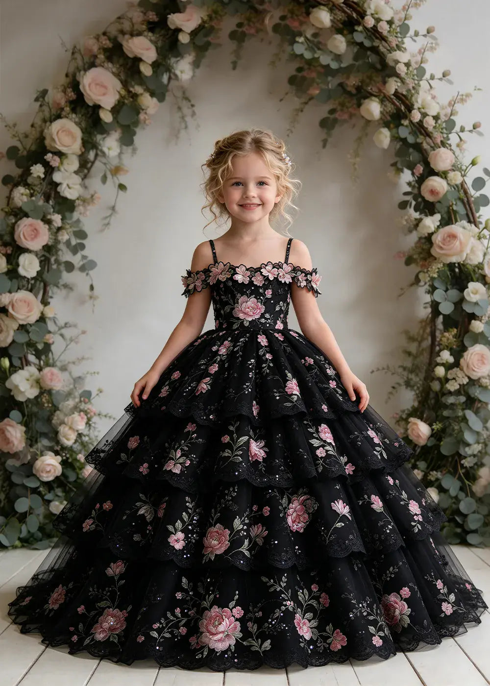 Champagne Floral Flower Girl Dress with Four Scalloped Tiers