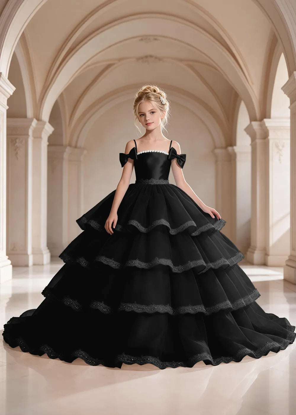 Navy Blue Four-Tier Bow-Shoulder Flower Girl Dress