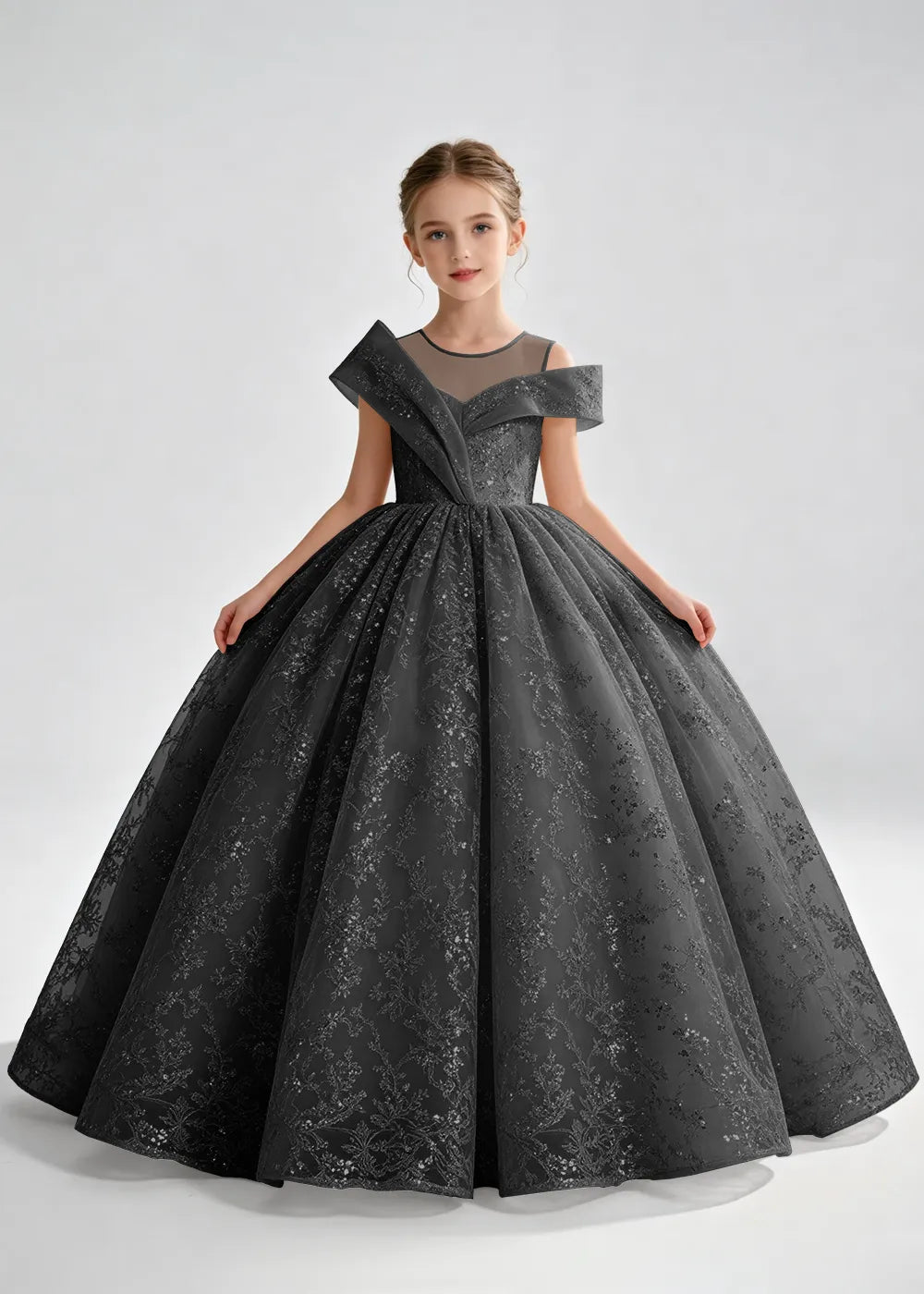 Navy Blue Illusion-Band Floral Flower Girl Dress