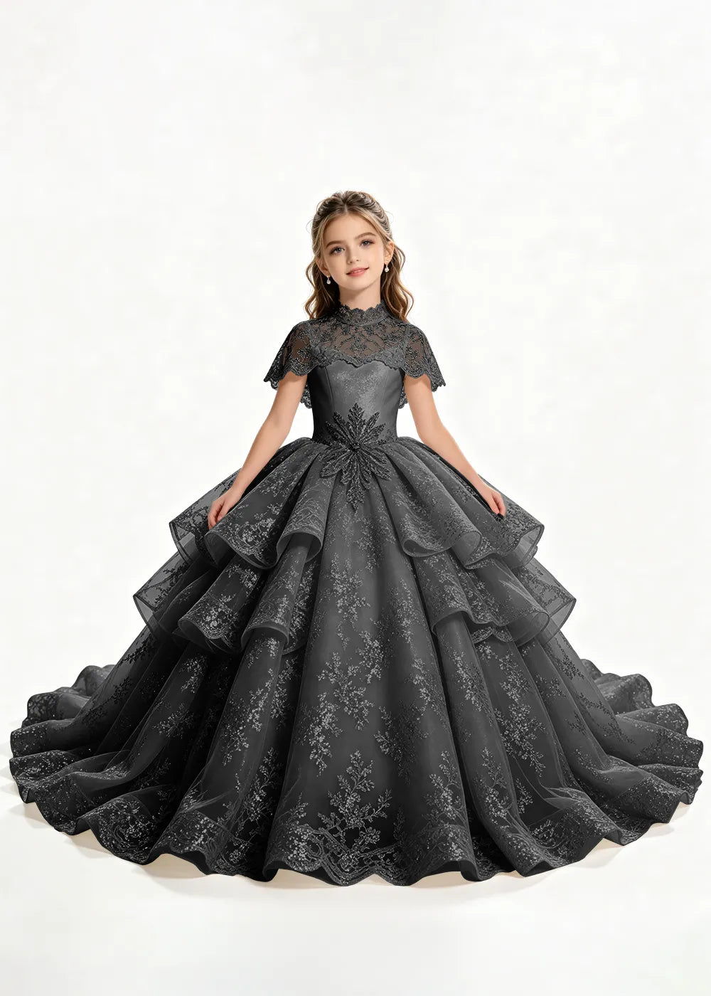 Flower girl dress in Black, front view.