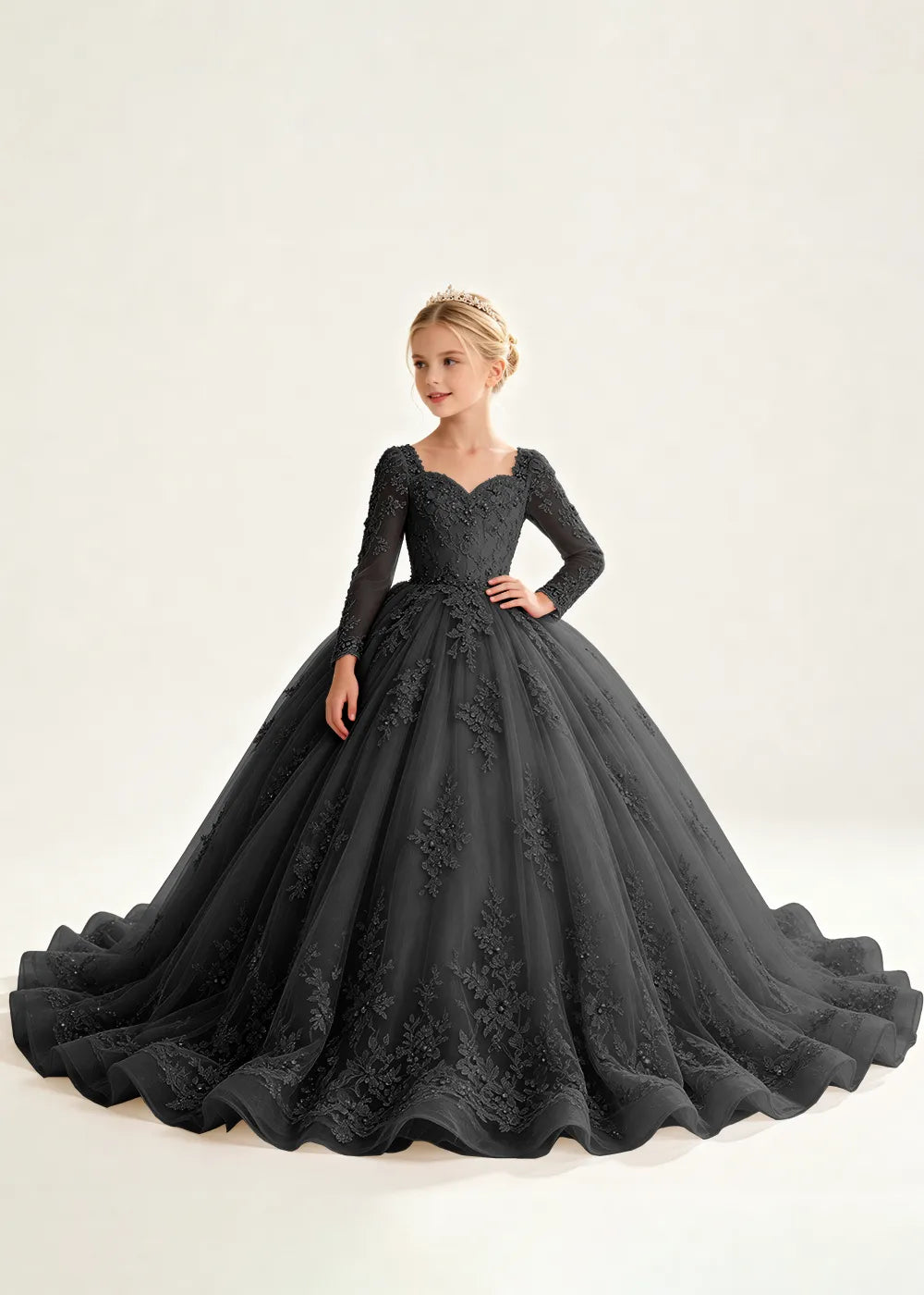 Navy Floral Flower Girl Gown with Long Sleeves