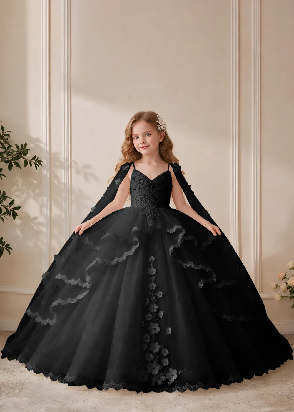 White Flower Girl Dress with Lace Ruffles and Sheer Shoulder Drapes