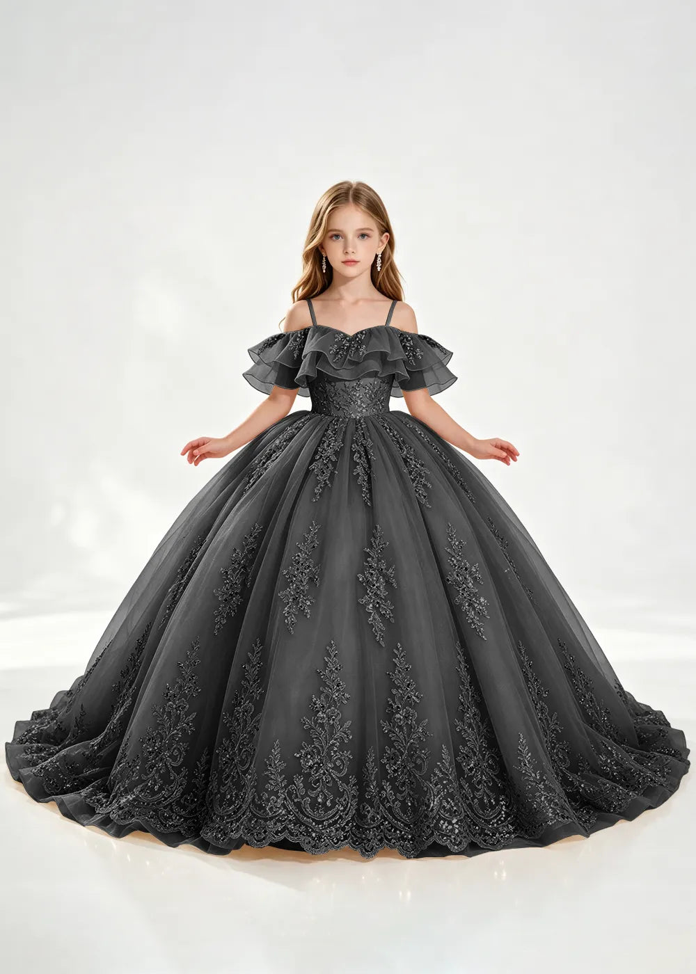 Slate Blue Off-Shoulder Lace-Hem Flower Girl Dress