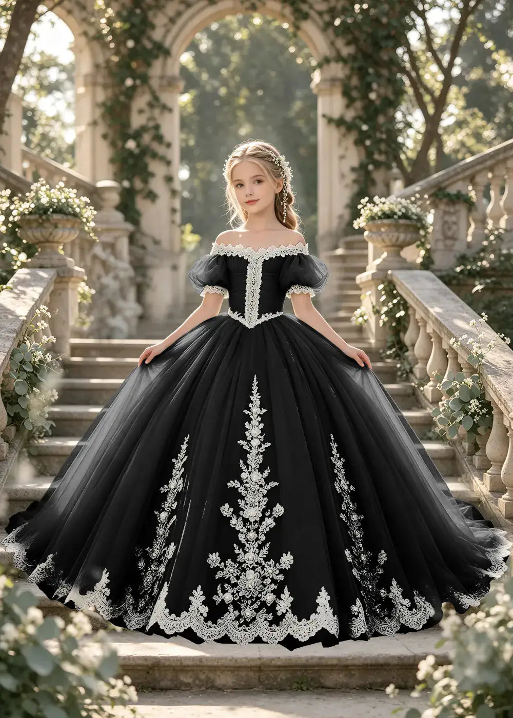Flower girl dress in Black, front view.
