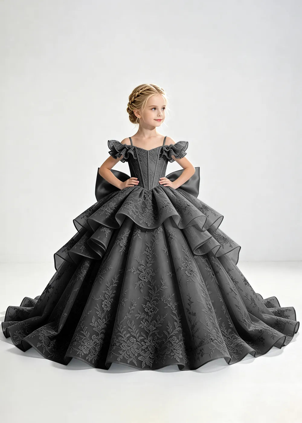 Slate Blue Lace-Up Rear-Bow Flower Girl Dress