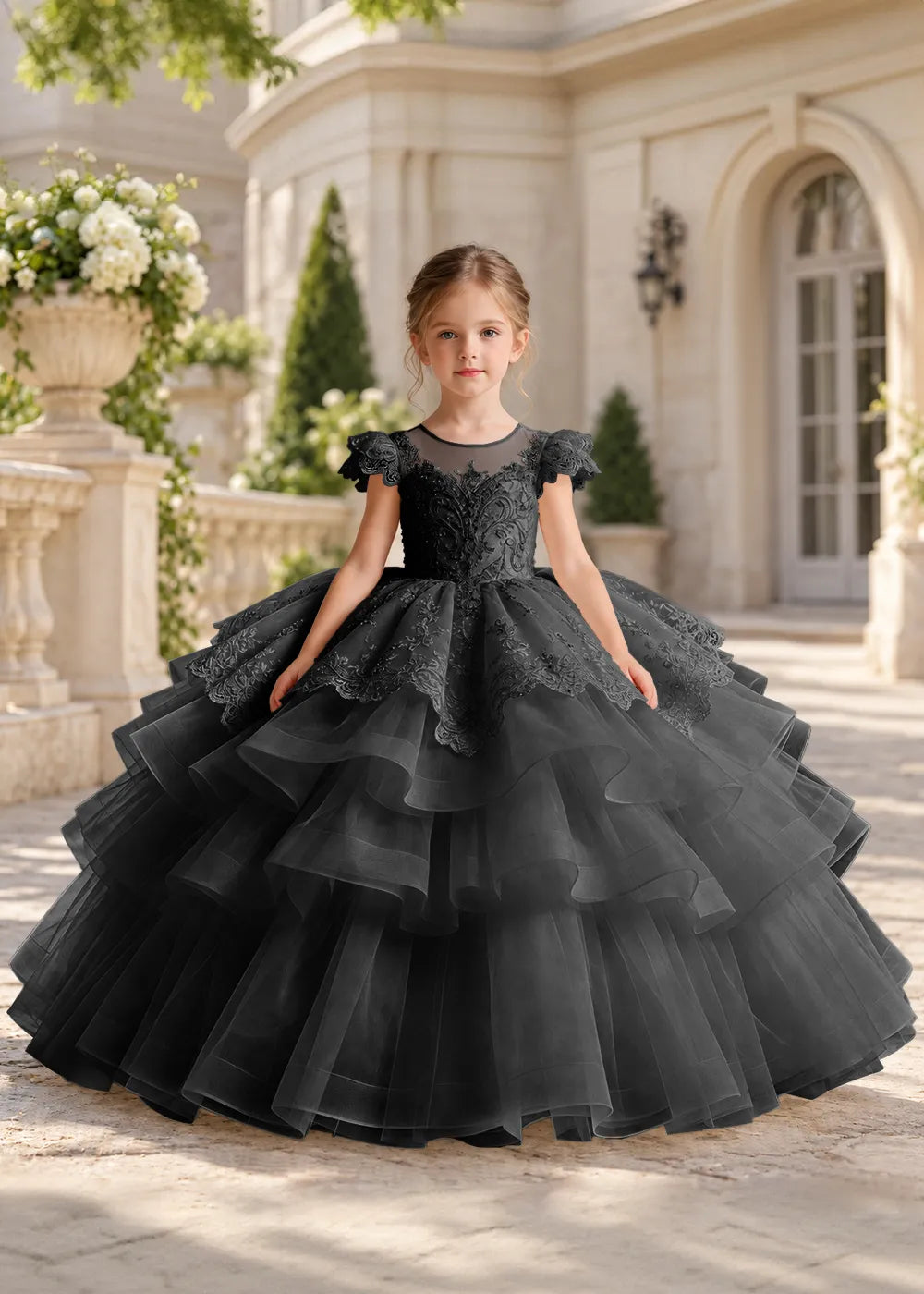 Dusty Blue Lace-Cap Flower Girl Dress with Cascading Skirt