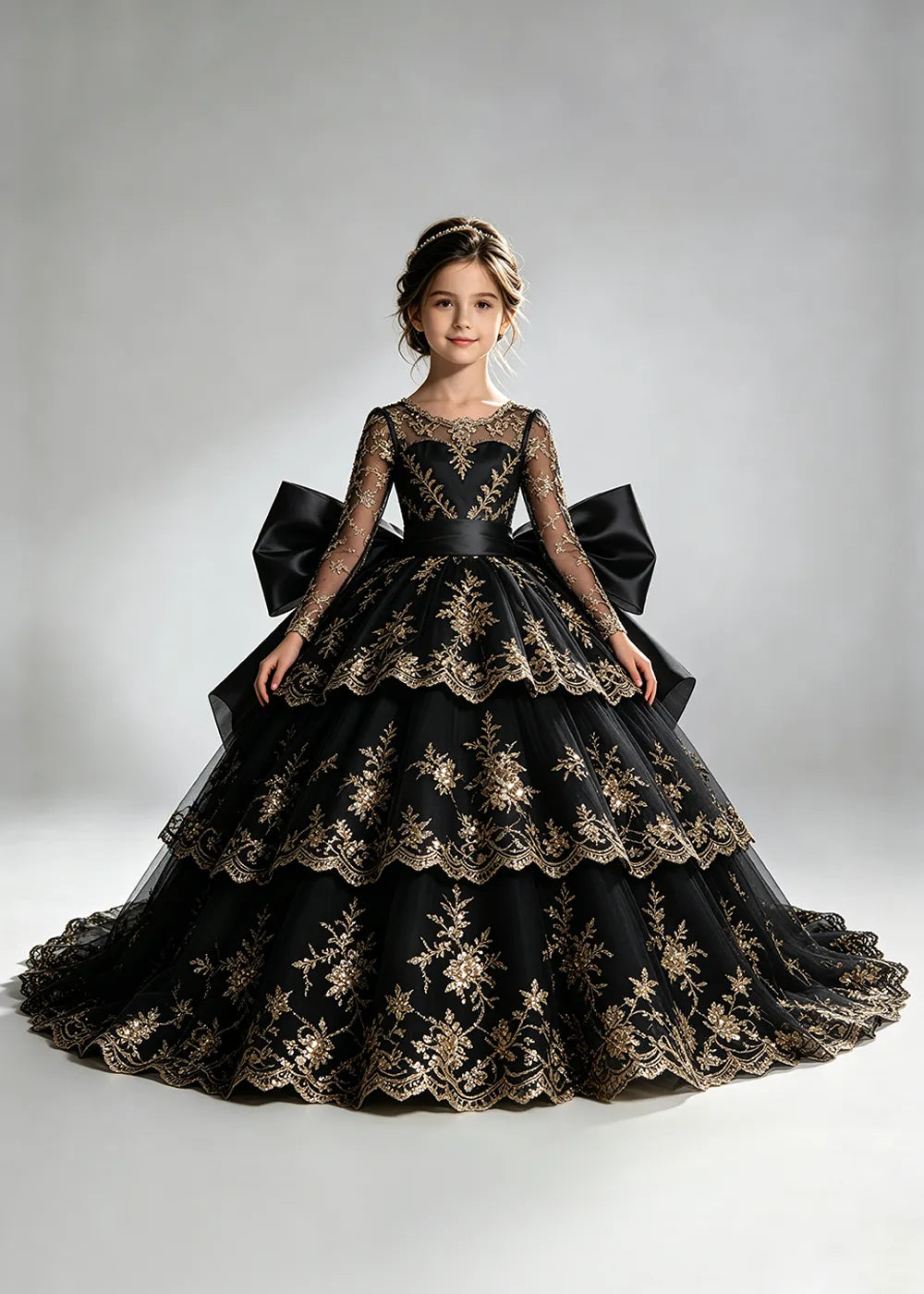 Long Sleeve Lace Flower Girl Dress with Sash Bow and Tiered Skirt