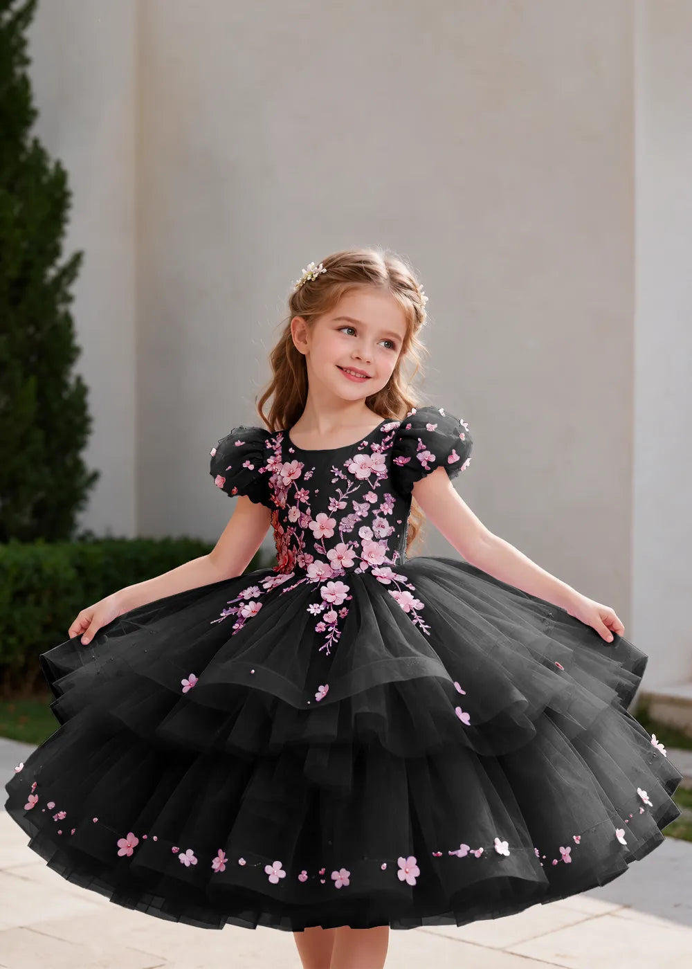 Pink Flower Girl Dress with Floral Trails and Ruffled Hem