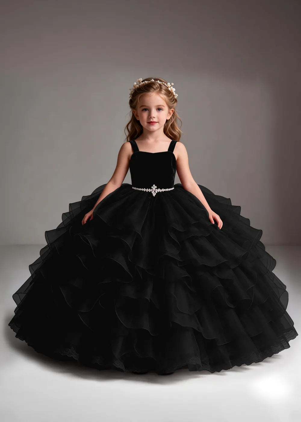 Burgundy Flower Girl Dress with Cascading Ruffles and Jeweled Waist