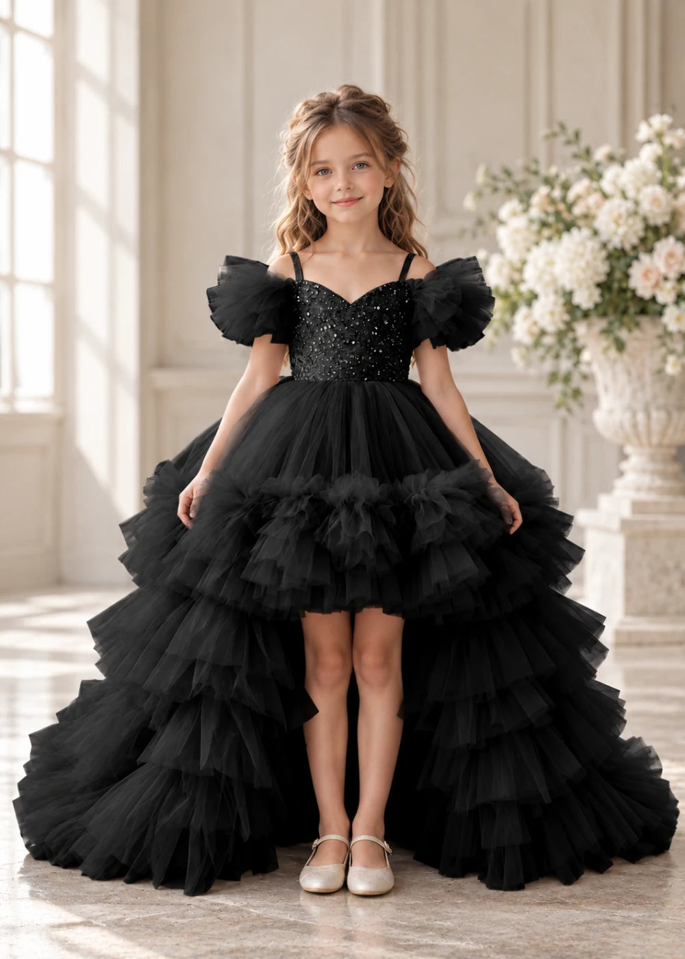Front view of a child wearing a black flower girl dress with a V-neckline, a sequin-covered bodice and a tiered high-low tulle skirt with off-shoulder sleeve ruffles.