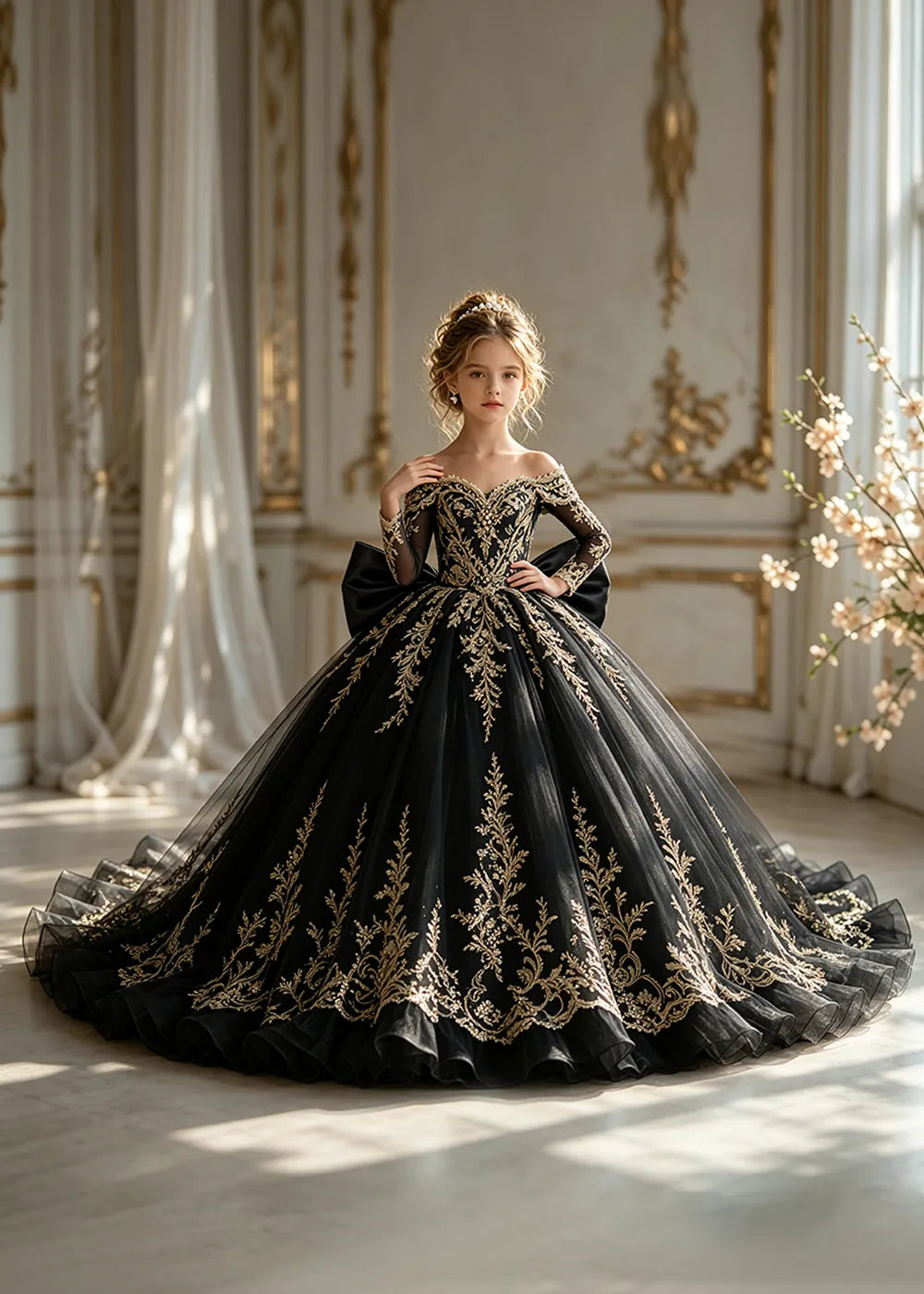 Off-Shoulder Sequin Lace Flower Girl Dress with Bow and Flounced Hem