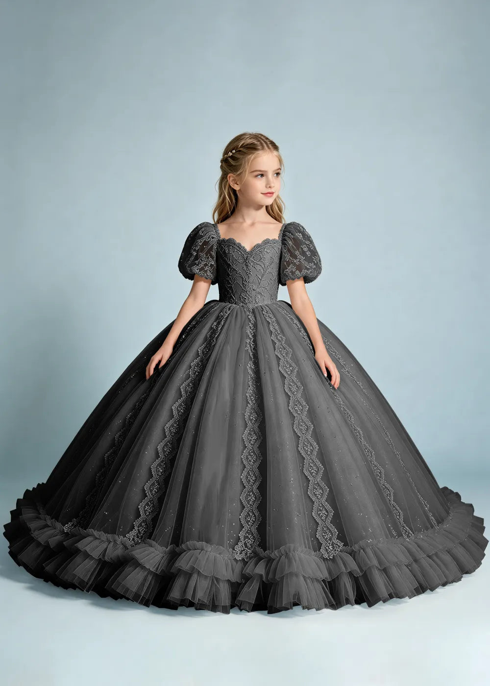 Navy Flower Girl Gown with Lace Puff Sleeves and Ruffled Hem