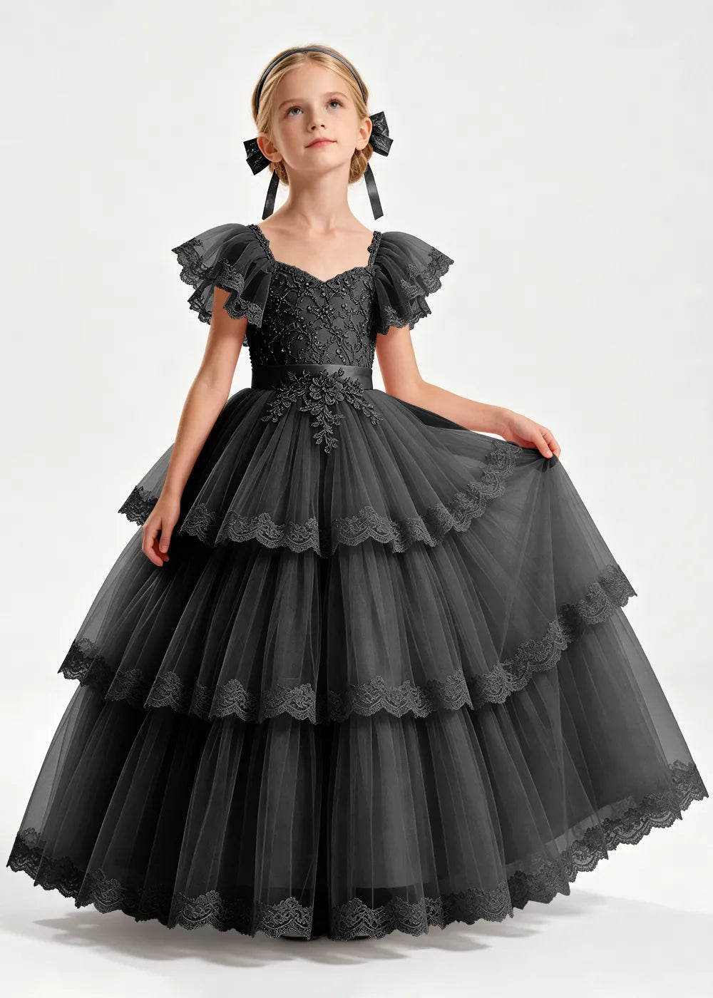 Navy Flower Girl Ball Gown with Three Lace-Edged Tiers