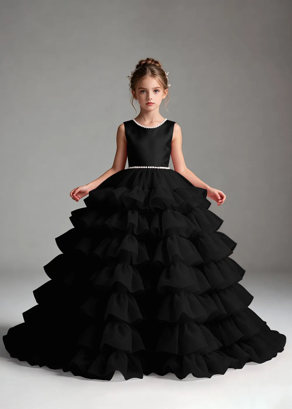 Royal Blue Pearl-Trimmed Tiered Ruffle Flower Girl Dress