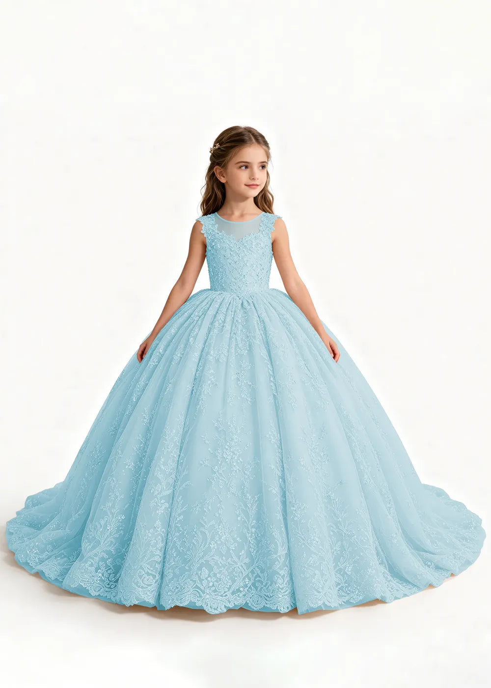 Champagne Flower Girl Gown with Floral Lace and Train