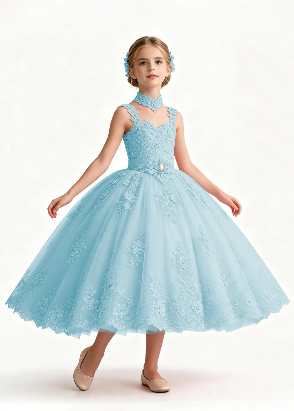 Pink Tea-Length Flower Girl Dress with Floral Neck Band