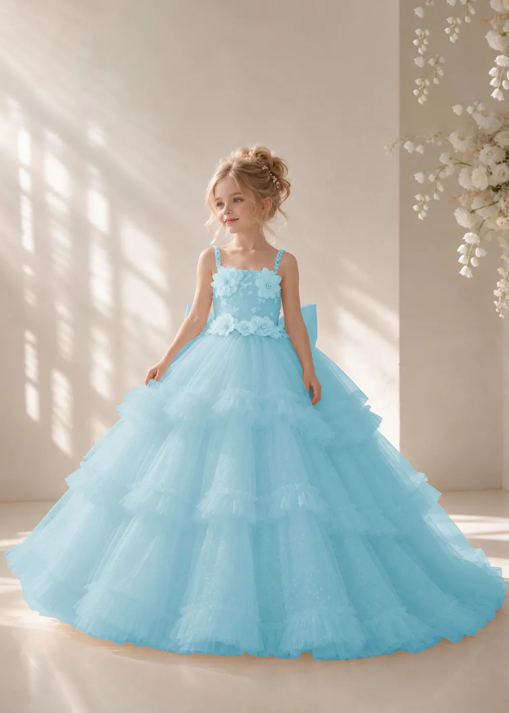 Front view of a child wearing a blue flower girl dress with beaded spaghetti straps, a bodice covered in three-dimensional fabric flowers and a multi-tiered tulle skirt.