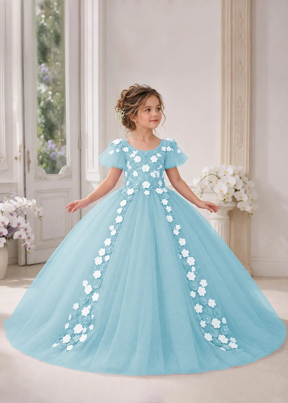 Front view of a child wearing a blue flower girl dress with a round neckline, sheer flutter cap sleeves and a floral vine cascading down both sides of a full tulle skirt.