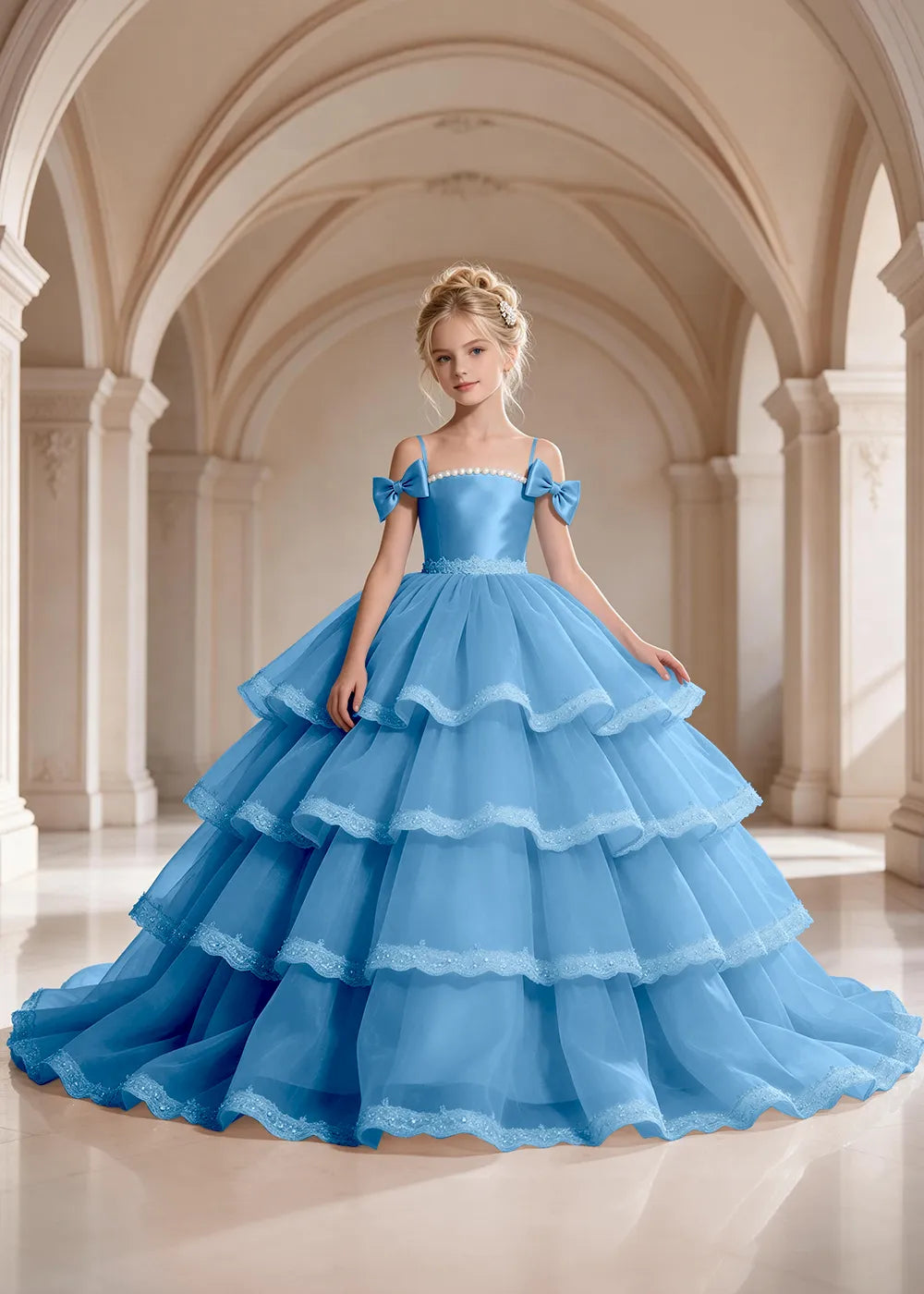 Navy Blue Four-Tier Bow-Shoulder Flower Girl Dress