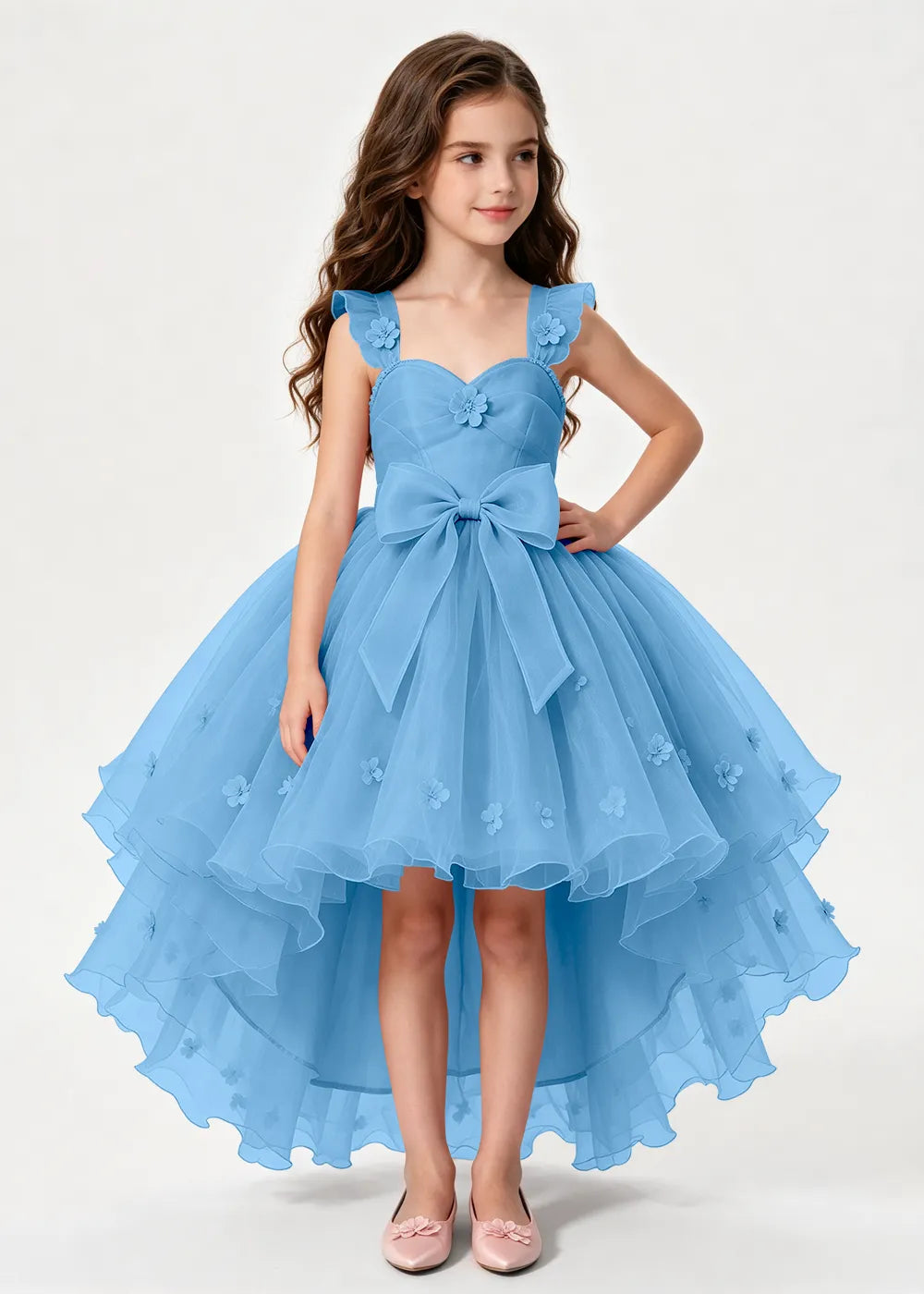 Navy High-Low Flower Girl Gown with Large Front Bow