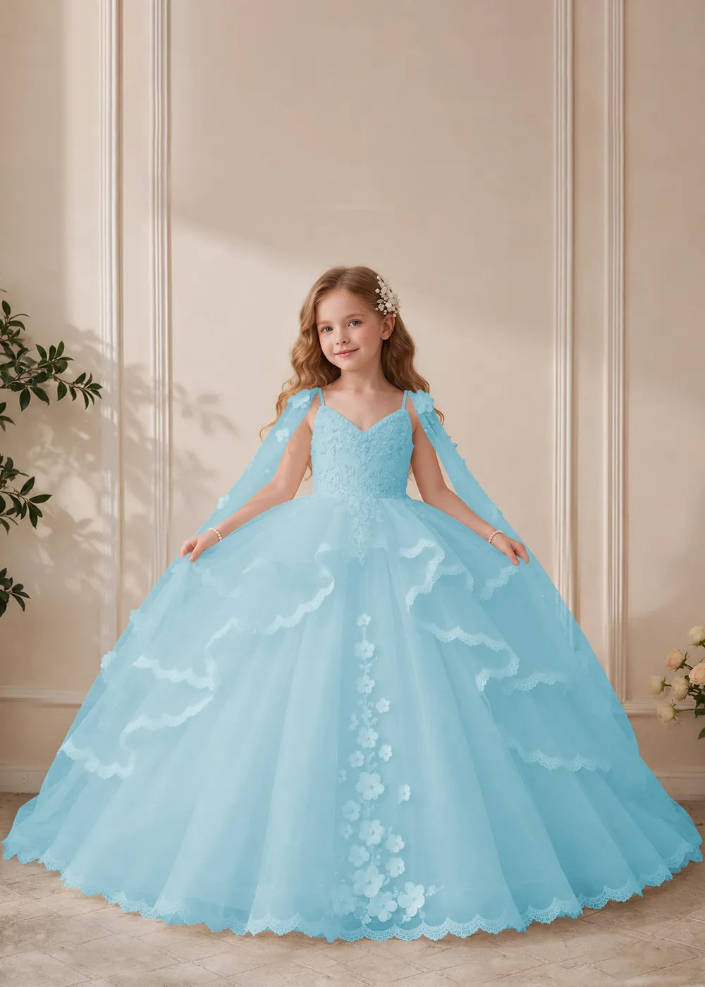 White Flower Girl Dress with Lace Ruffles and Sheer Shoulder Drapes