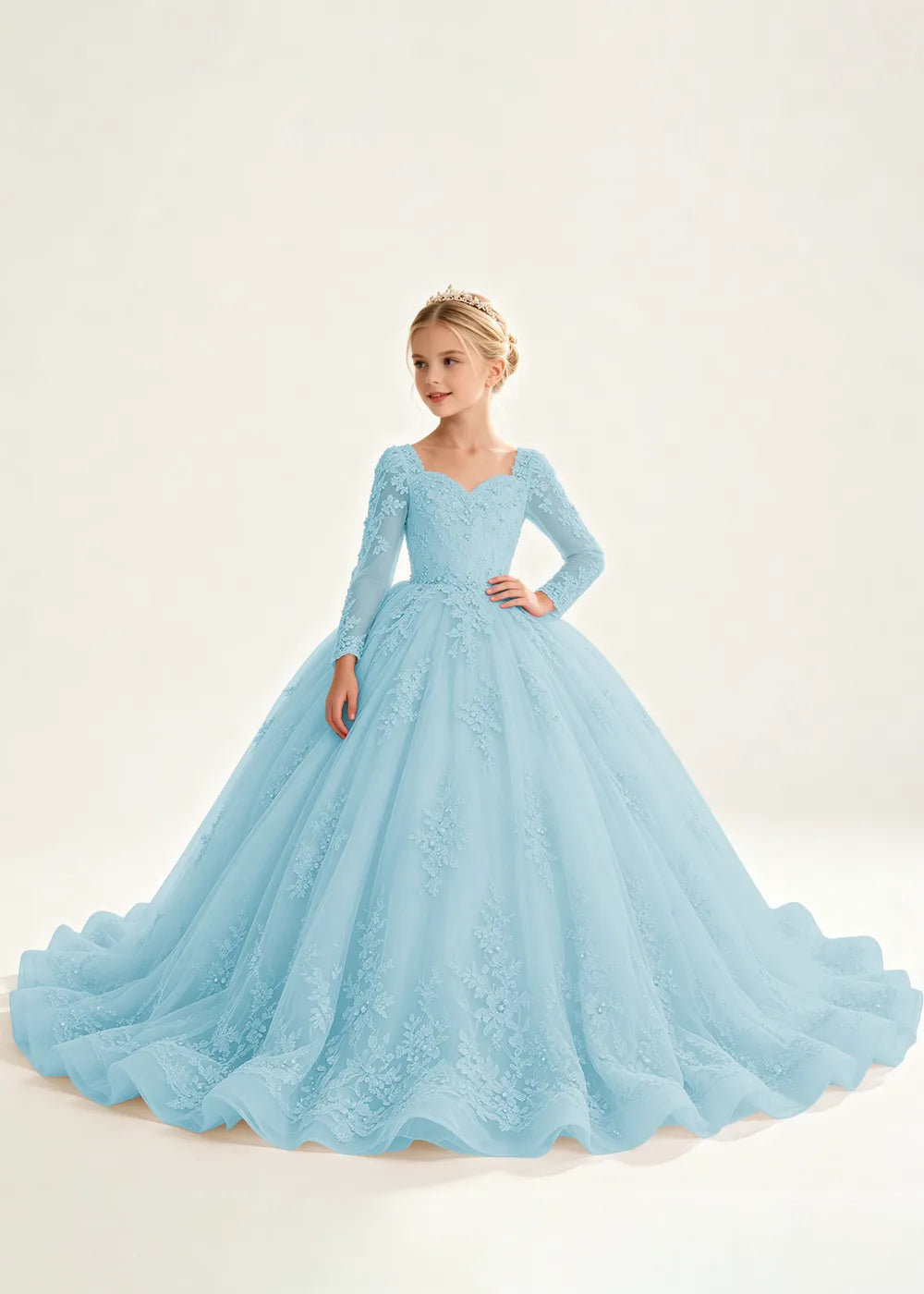 Flower Girl Dress with Long Lace Sleeves and Train