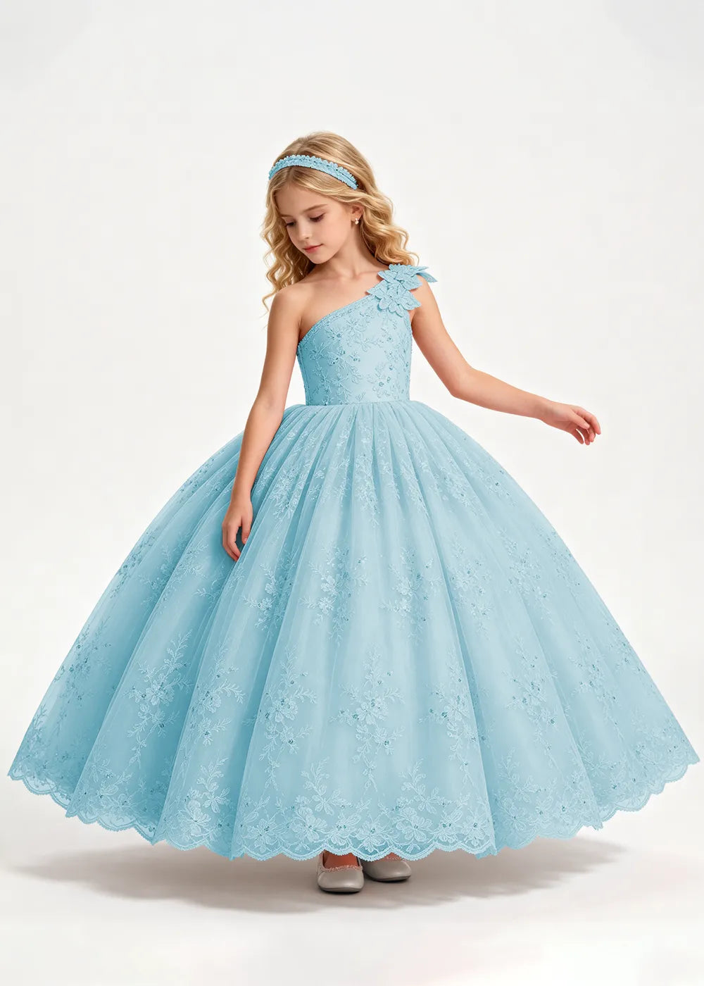Warm Pale Blush One-Shoulder Flower Girl Gown with Scalloped Lace