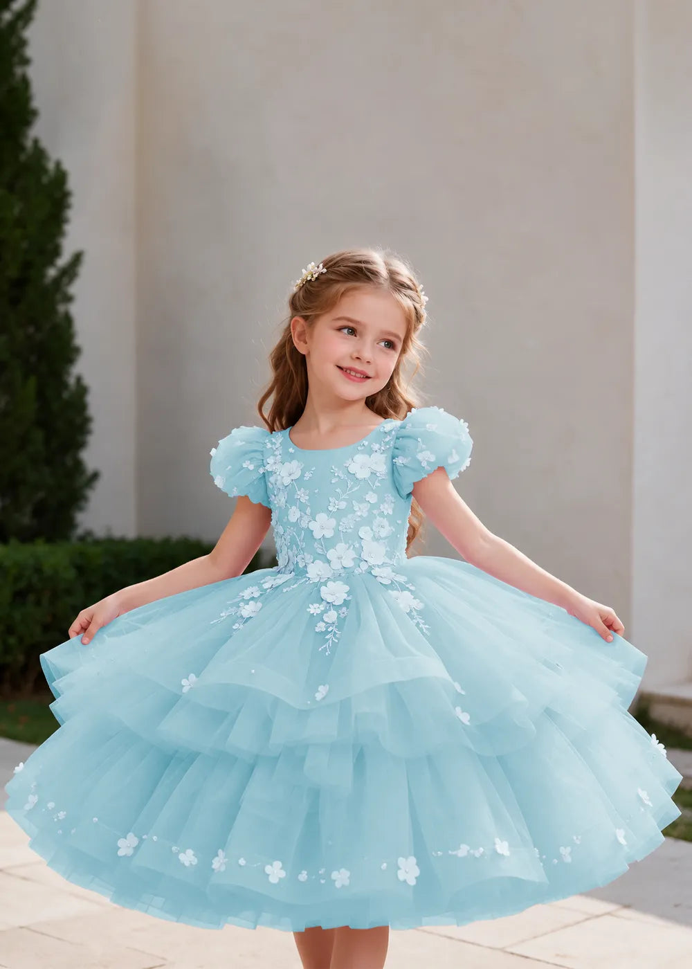 Lilac Puff-Sleeve Flower Girl Dress with Three-Tier Skirt
