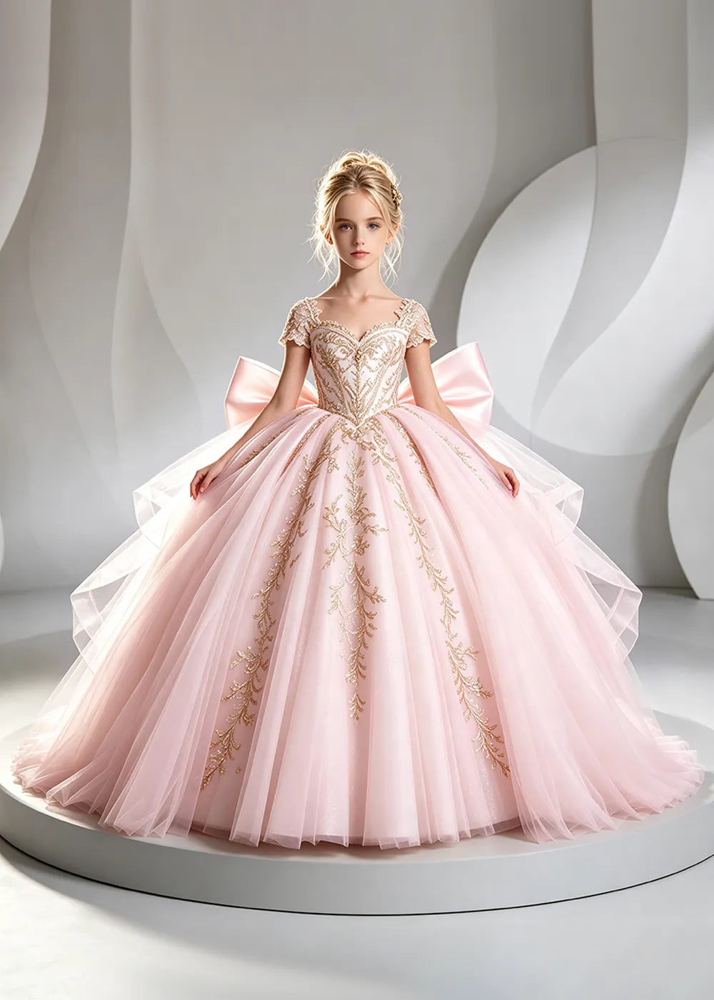 Cap Sleeve Sequin Bodice Flower Girl Dress with Bow and Gold Embroidery