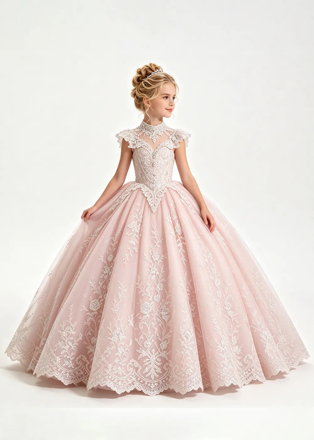 Pale Silver-Gray Blue Flower Girl Ball Gown with High Floral Collar