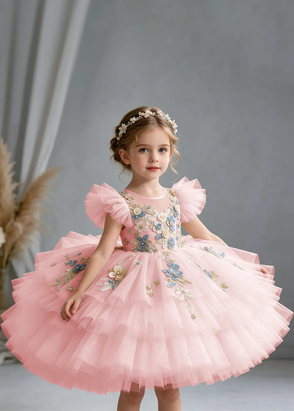 Flower girl dress in Blush Pink, front view.
