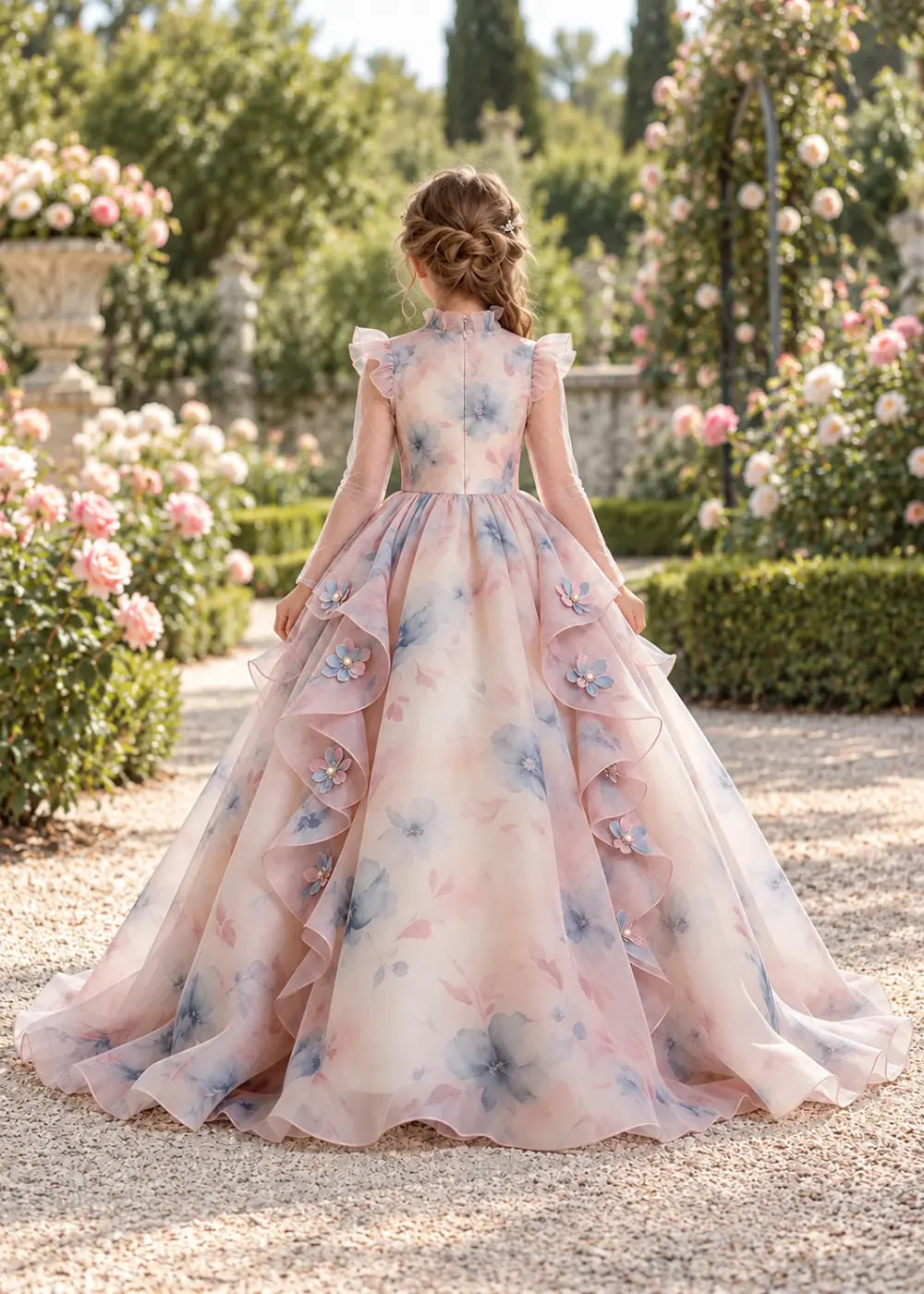 Blush Pink Floral Ruffle-Collar Flower Girl Dress