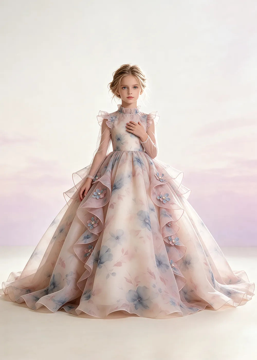 Blush Pink Floral Ruffle-Collar Flower Girl Dress