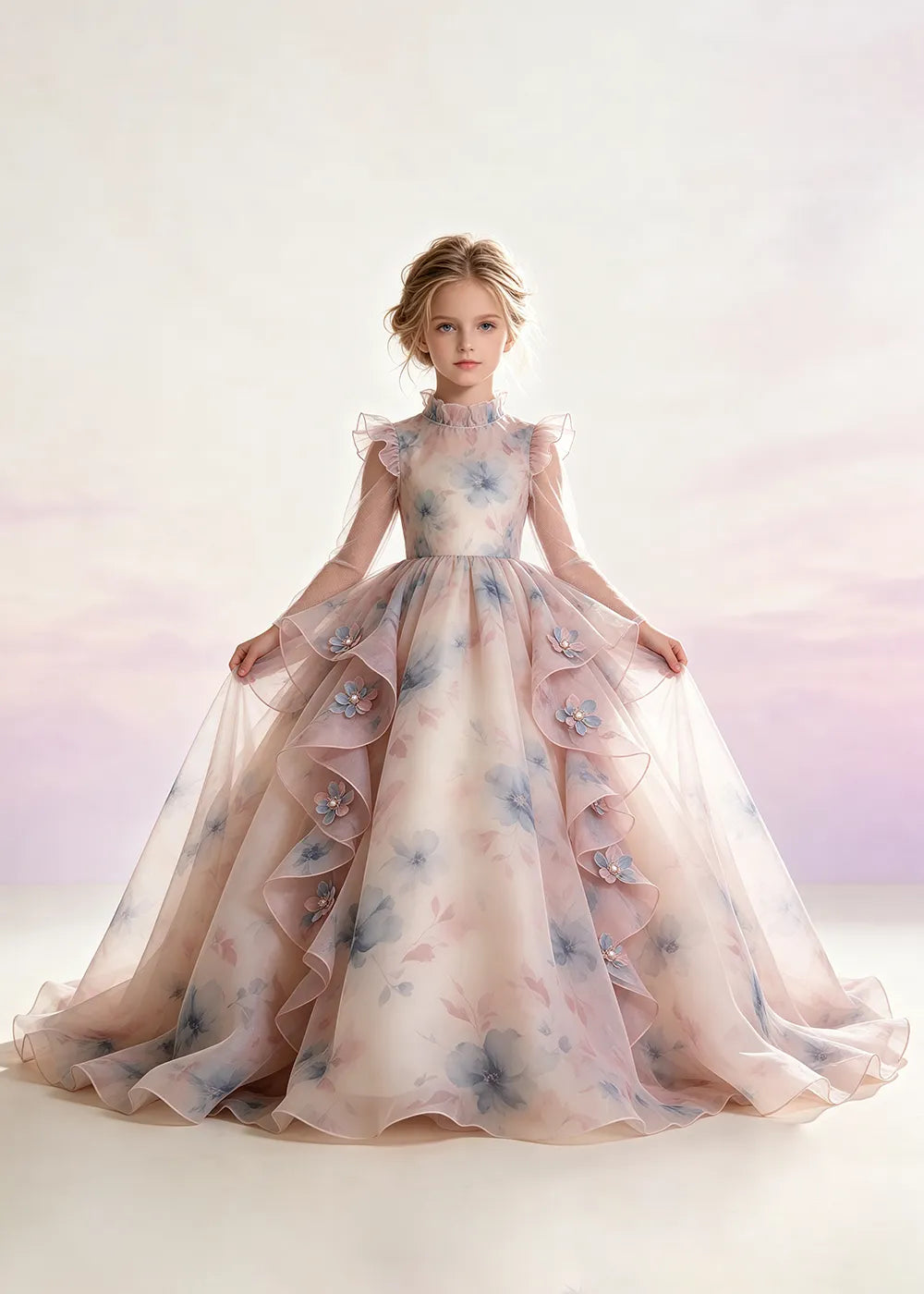 Blush Pink Floral Ruffle-Collar Flower Girl Dress