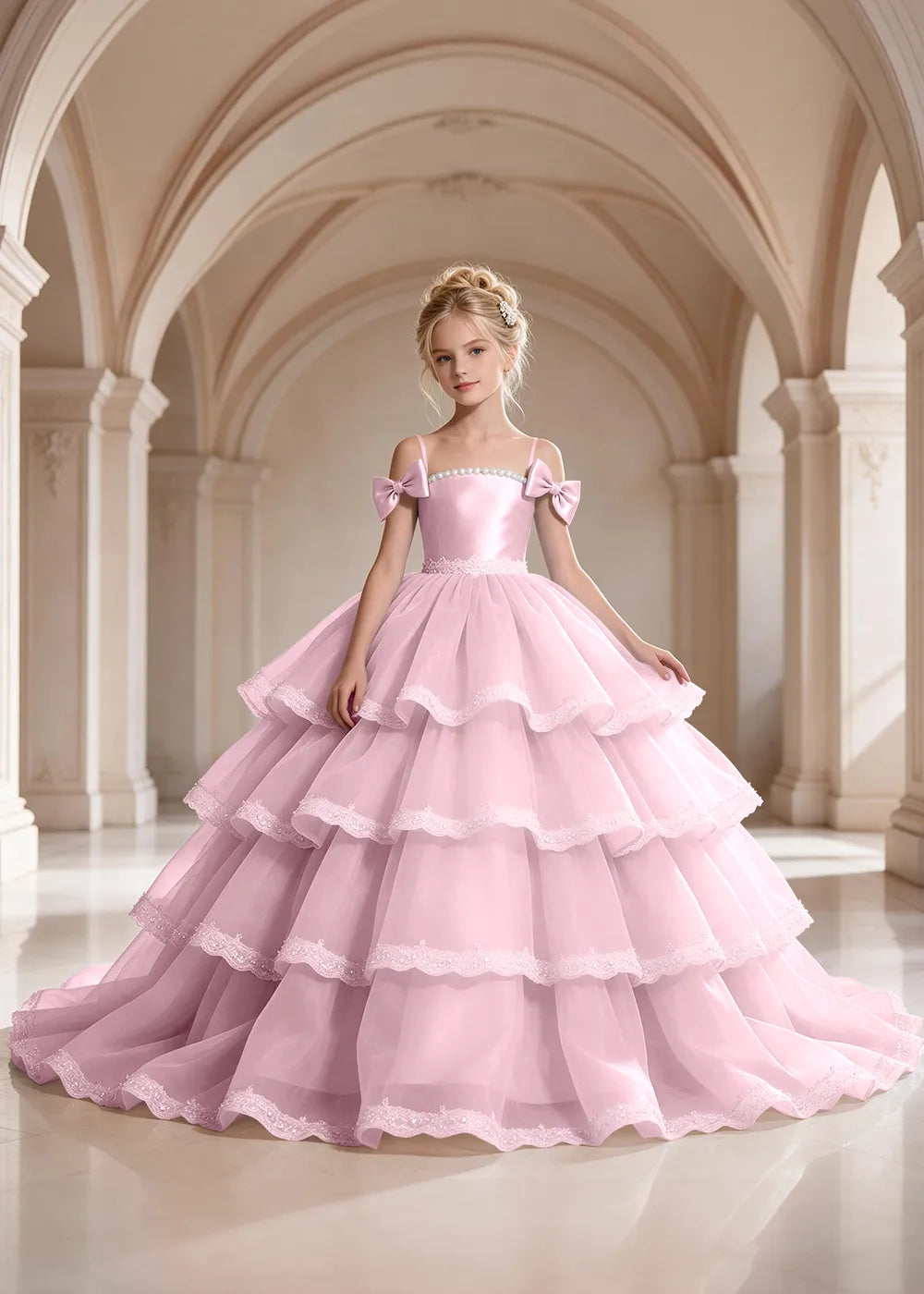 Light Blue Four-Tier Bow-Shoulder Flower Girl Dress