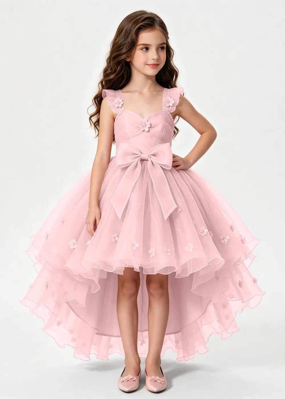 Dusty Rose High-Low Flower Girl Dress with Large Front Bow