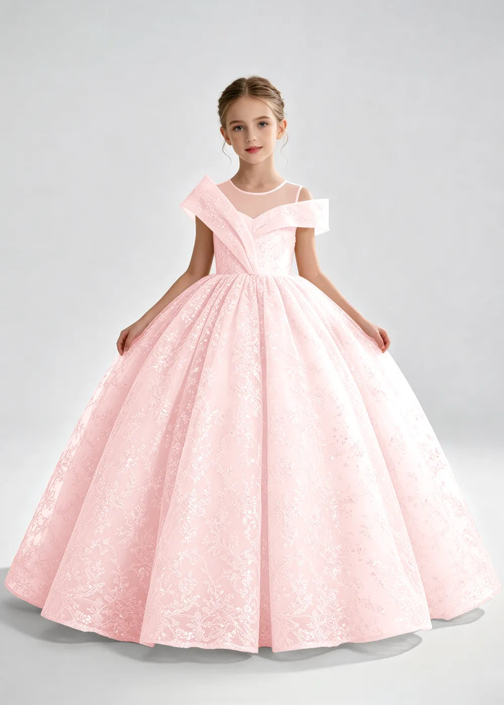 Champagne Illusion-Band Floral Flower Girl Dress