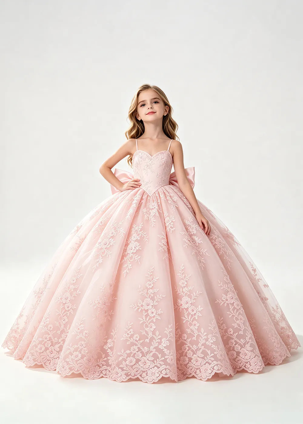 Flower girl dress in Blush Pink, front view.