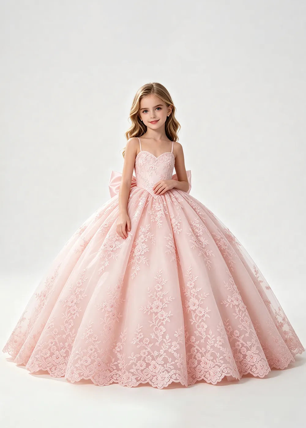 Flower girl dress in Blush Pink, front view.