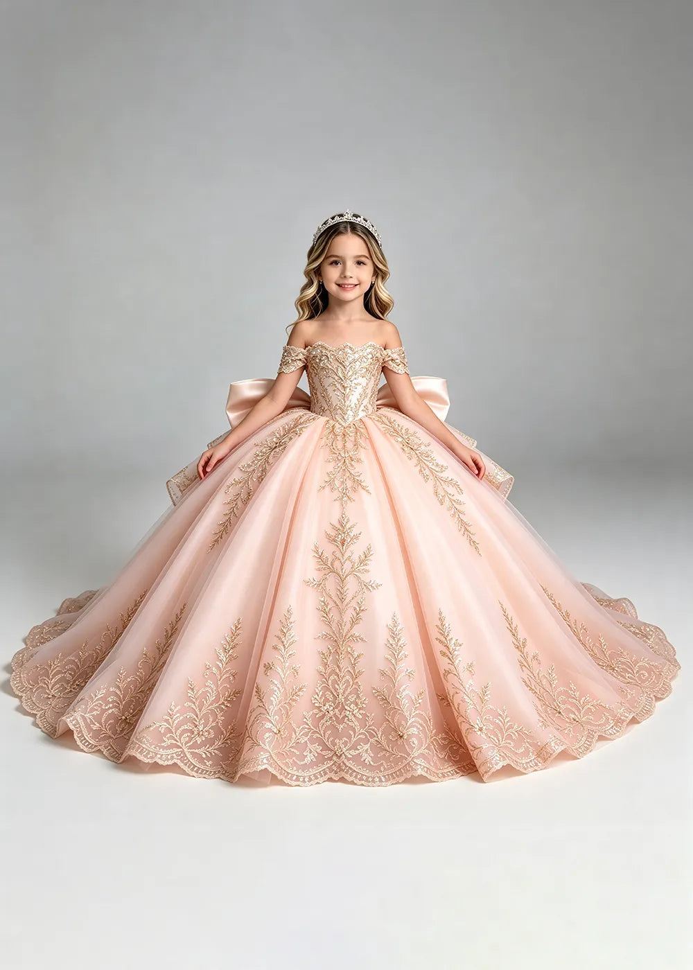 Off-Shoulder Lace Flower Girl Dress with Bow and Scalloped Hem